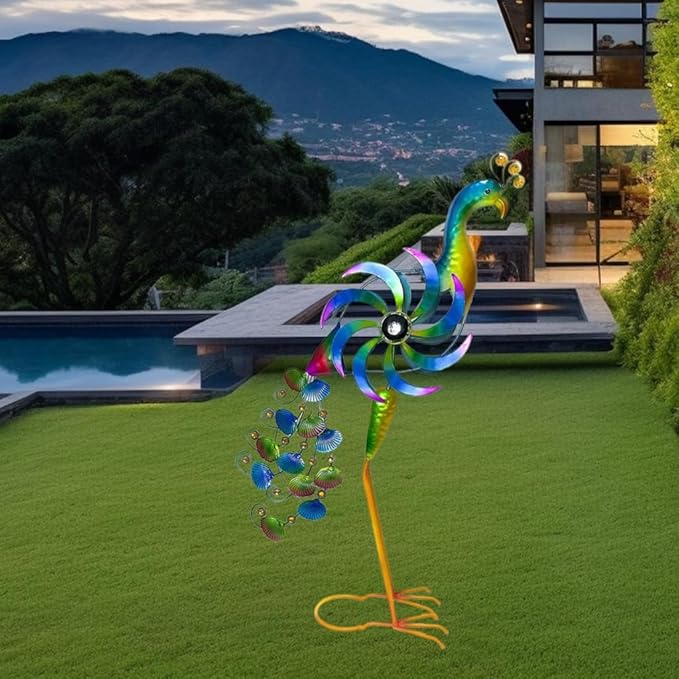 Metal Peacock Windmill Sculpture, Outdoor Peacock Wind Wheel, Garden Lawn Art Decoration