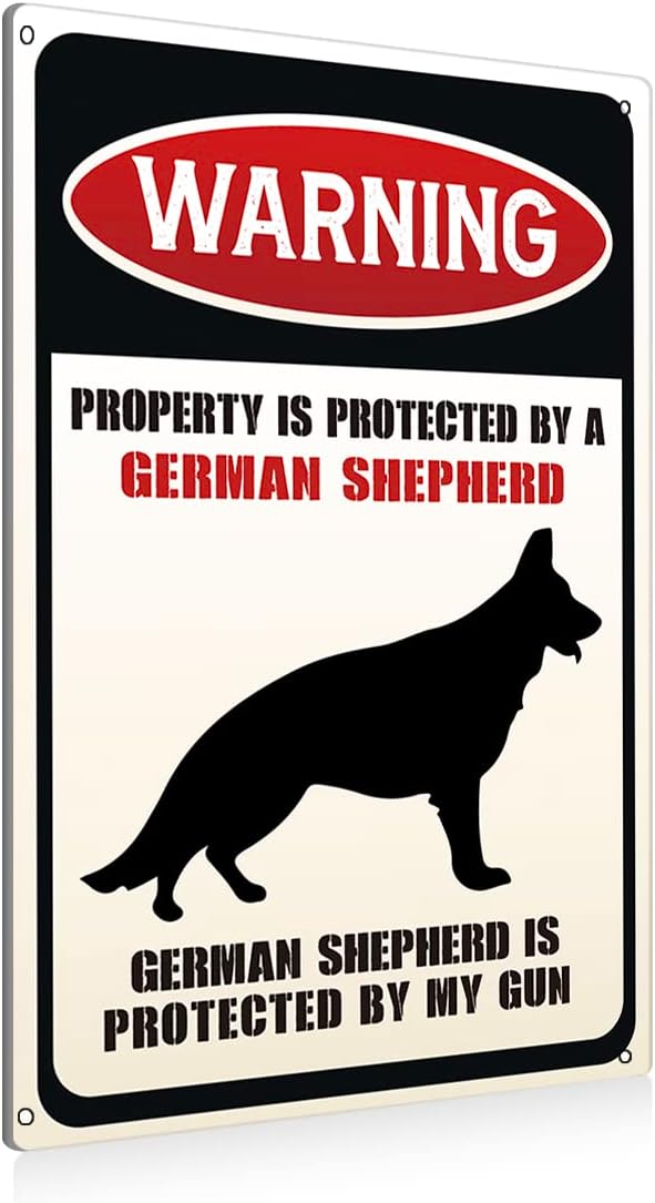 Funny Dog Warning Metal Tin Signs Wall Art Decor Property is Protected By a German Shepherd Sign for Home Decor Gifts to Indoor and Outdoor Use - 8x12 Inch