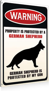 Funny Dog Warning Metal Tin Signs Wall Art Decor Property is Protected By a German Shepherd Sign for Home Decor Gifts to Indoor and Outdoor Use - 8x12 Inch