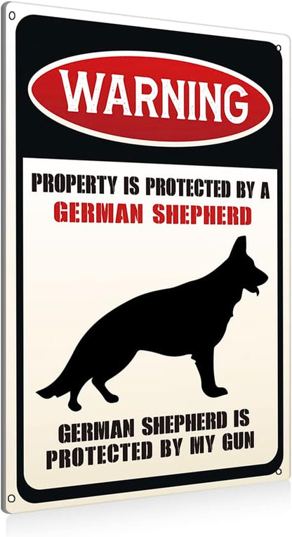 Funny Dog Warning Metal Tin Signs Wall Art Decor Property is Protected By a German Shepherd Sign for Home Decor Gifts to Indoor and Outdoor Use - 8x12 Inch