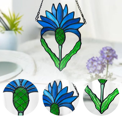 Scottish Thistle Flower Gifts Stained Glass Window Hanging,Fake Blue Flowers Decor Stained Glass Suncatcher,Artificial Flower Gift for Women Mom Grandma