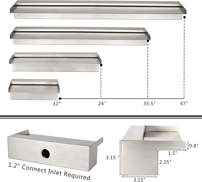 Pondo 24" Waterfall Pool Fountain, 304 Stainless Steel Pond Waterfall Spillway with Wider Water Flow Platform, Professional Spray for Sheer Descent Garden Outdoor