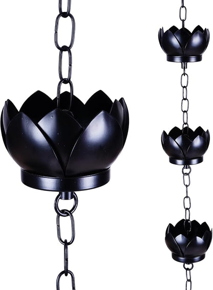Topadorn Lotus Rain Chain for Gutters, Functional and Decorative Replacement for Gutter Downspouts, Adjustable Rain Catcher Chain with 8 Cup for Eaves Drainage, Black