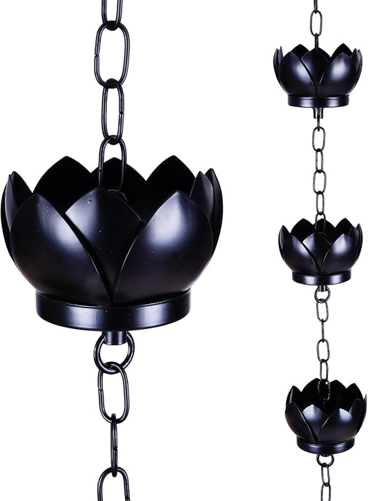 Topadorn Lotus Rain Chain for Gutters, Functional and Decorative Replacement for Gutter Downspouts, Adjustable Rain Catcher Chain with 8 Cup for Eaves Drainage, Black