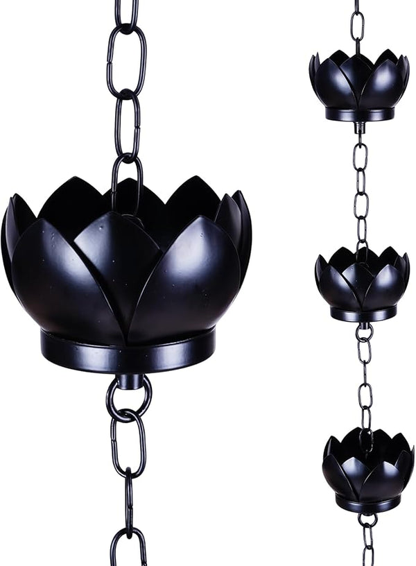 Topadorn Lotus Rain Chain for Gutters, Functional and Decorative Replacement for Gutter Downspouts, Adjustable Rain Catcher Chain with 8 Cup for Eaves Drainage, Black