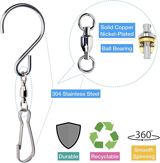 HS's Creation 6 Pack S Hook Clip Swivel for Indoor Outdoor Organization Spinning Hanger Clothline Rack Wind Chimes Spinner Prism Windsocks Hanging Plant