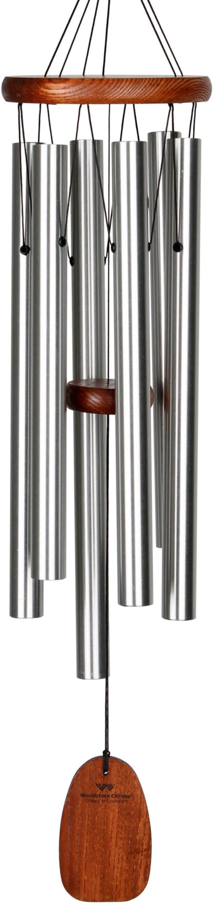 Woodstock Chimes of Comfort 24" Memorial Wind Chimes for Outdoor & Garden, Tuned to Amazing Grace, Sympathy Gift Silver Aluminum Tubes, Teak Wood Finish (WCOC)
