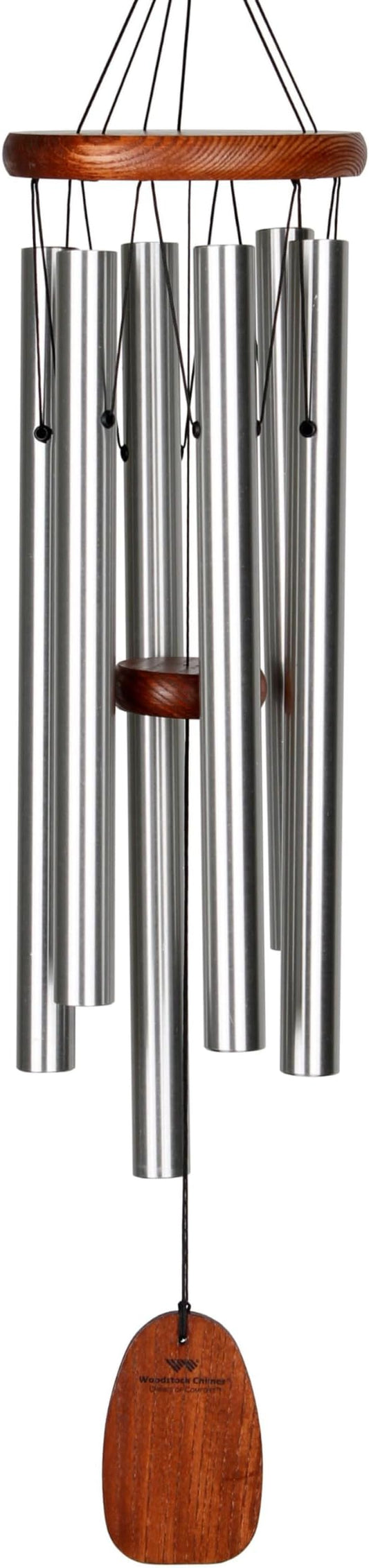 Woodstock Chimes of Comfort 24" Memorial Wind Chimes for Outdoor & Garden, Tuned to Amazing Grace, Sympathy Gift Silver Aluminum Tubes, Teak Wood Finish (WCOC)