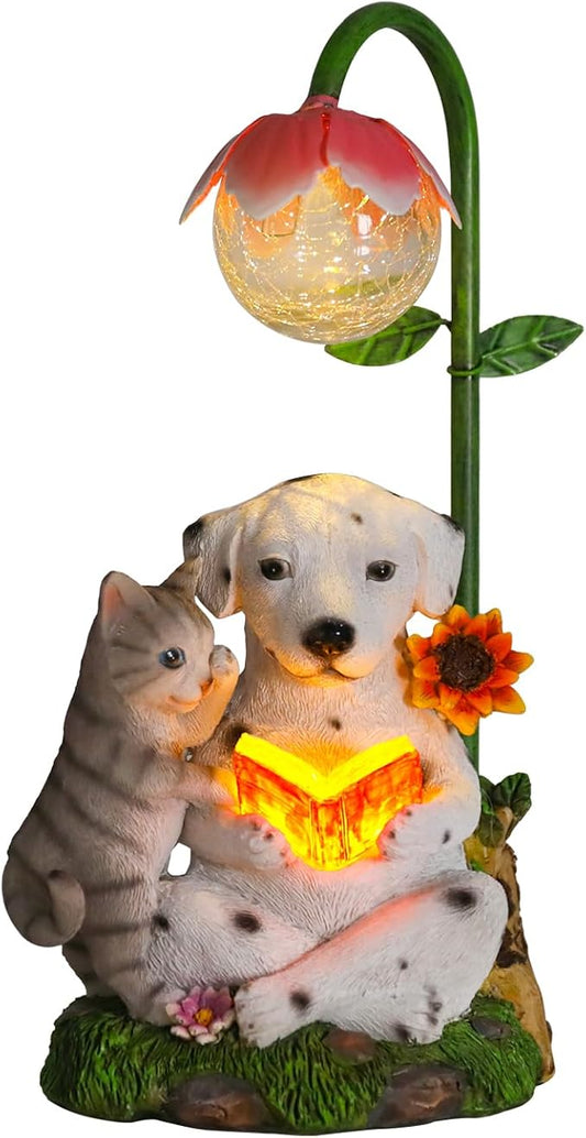 Afirst Solar Garden Statues, Dog Statues Outdoor Resin Figurine with Solar Lights Statue Decorations for Lawn, Patio, Balcony, Yard Ornament Mother's Day Gifts, Dalmatian and Cat, Dog&Cat