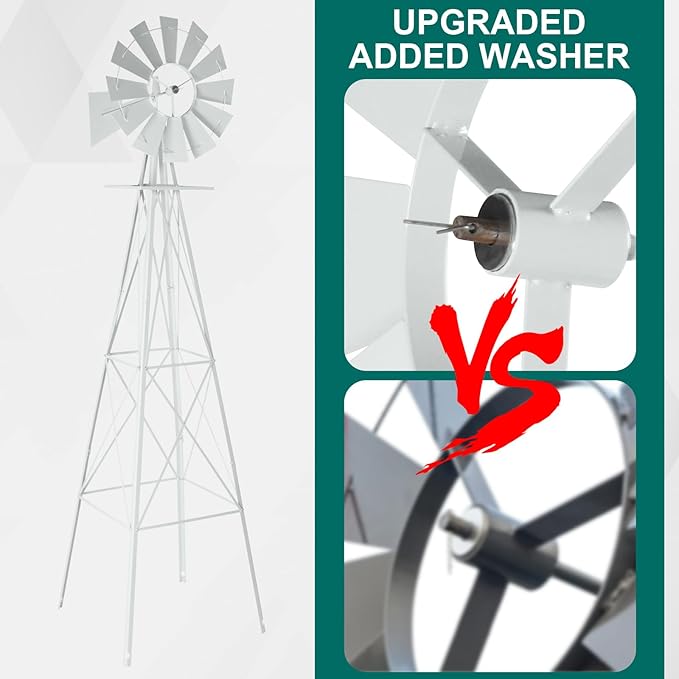 Metal Windmill for Garden Yard Decor, 8ft Tall Windmill Pinwheels Outdoor with Spinning Blades, Weather Vanes Lawn Ornaments, Weather-Resistant, White