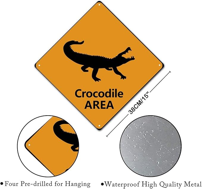 Crocodile Crossing Sign Caution CrocodileXing Sign Street Sign Wildlife Novelty Road Fence Wall Decor Warning Metal Tin Sign For Indoor Outdoor 15x15in