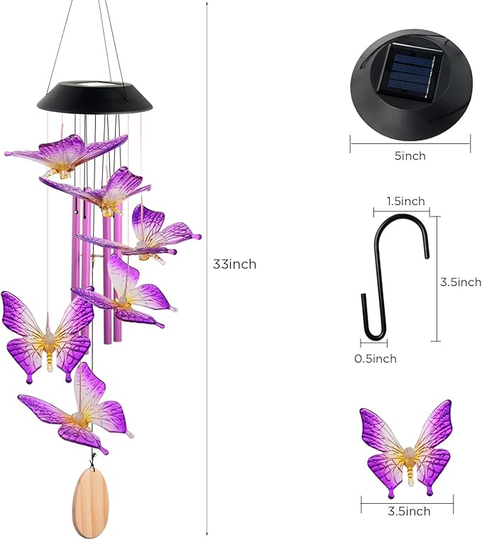 Solar Butterfly Wind Chimes for Outside, 6 Gold Jingle Bells & S Hook, Color Changing Windchimes Outdoor, Patio Yard Decor, Waterproof Gardening Gifts for Mom Women Birthday Housewarming Chimes Gift