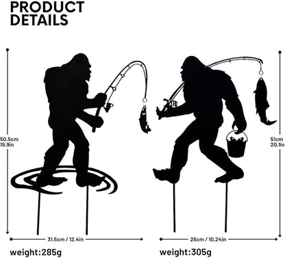 Metal Garden Art, 2-Pack Bigfoot Fishing Statues for Outdoor Decor, Unique Yard Ornaments & Lawn Sculptures, Weatherproof Gift for Garden Lovers