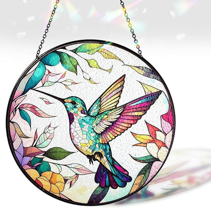 6" Hummingbird Stained Glass Suncatcher, Bird Handcrafted Suncatcher Window Hanging, Nature Floral Art Decor for Home Garden, Gift for Mom, Grandma, Women, Friend, Bird Lover P-SC-M114-SG6