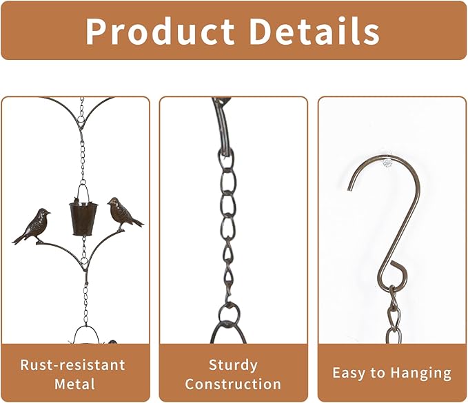 TZSSP Rain Chain,Copper Rain Chains-7 Cups,6.3FT Bird Rain Chain,Adjustable Rain Catcher Chain for Outdoor Garden Decor,Replacement Downspout for Gutters,Black