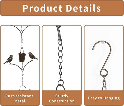 TZSSP Rain Chain,Copper Rain Chains-7 Cups,6.3FT Bird Rain Chain,Adjustable Rain Catcher Chain for Outdoor Garden Decor,Replacement Downspout for Gutters,Black