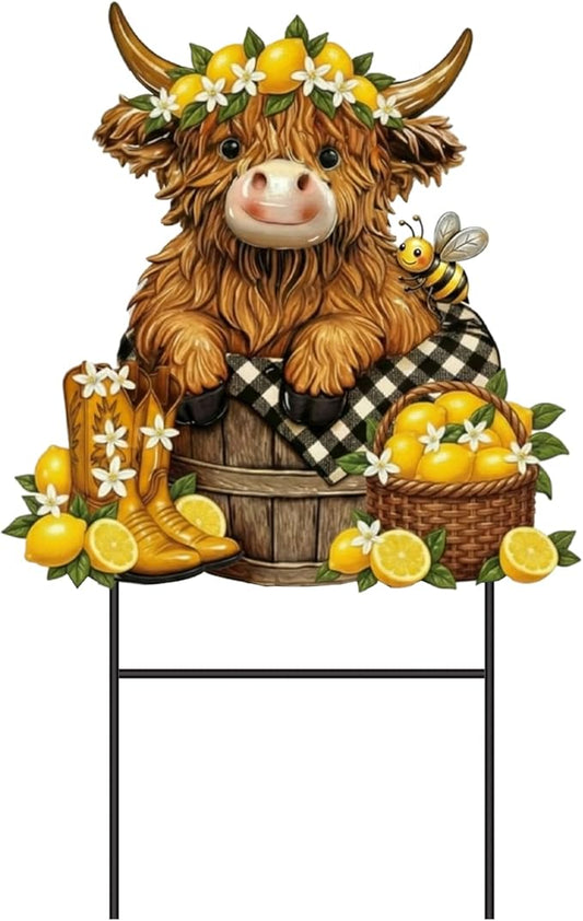 Amyhill Lemon Highland Cow Outdoor Decor Summer Lemon Garden Metal Stakes Decorative Highland Calf Lovers Yard Signs with Stakes for Summer Farmhouse Holiday Garden Lawn Decor