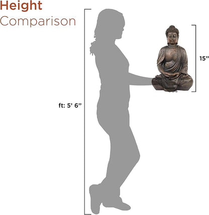 Alpine Corporation 15" Tall Indoor/Outdoor Meditating Buddha Statue, Tabletop Garden Decor, Bronze
