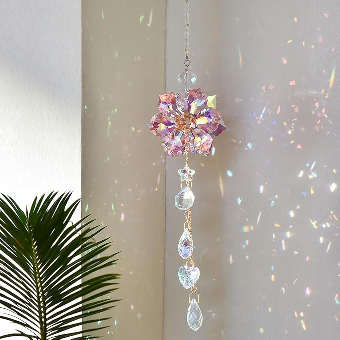 Crystal Flower Sun Catcher, Hanging Sunlight Catcher, Sun Catcher Crystals, Hanging Crystals for Decoration, Window Decoration, Birthday Gift (Pink)