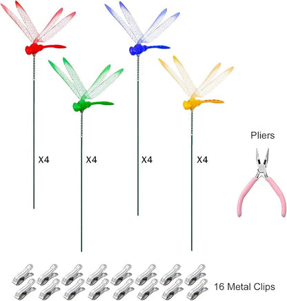 Jongdari 16 Sets Dragonfly Hat Clip Realistic Fake Dragonflies Clip-On Garden Outdoor Decor Stakes Plastic Dragon Fly Clips Plant Decorations for Pots, Includes Pliers & Clips - Small