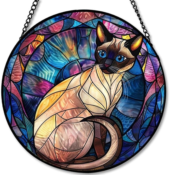 Stained Glass Window Hanging - Halloween Siamese Cat， 9.8in Sun Catchers Panel for Indoor Decorative Display for Mom， Wife， Lovers， Festive