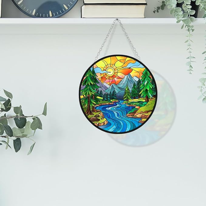 WIRESTER Stained Glass Suncatcher 6 Inch, Glass Panel with Metal Chain, Sun Catcher Window Hanging Ornament for Indoor Outdoor Wall Art Home Decoration - Beautiful Scenery