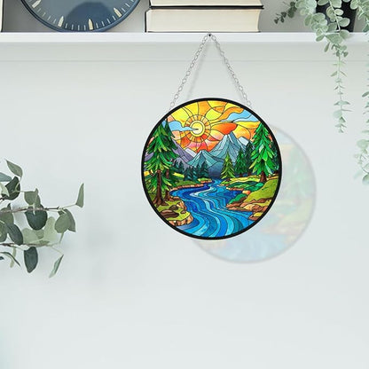 WIRESTER Stained Glass Suncatcher 6 Inch, Glass Panel with Metal Chain, Sun Catcher Window Hanging Ornament for Indoor Outdoor Wall Art Home Decoration - Beautiful Scenery