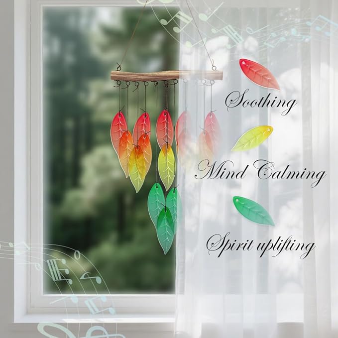 CUTHOLLOW Leaves Glass Wind Chimes, 23" Stained Glass Chimes, Handmade Art Glass Windchimes for Outside, Garden, Patio, Balcony, Home, Yard, Best Gift for Xmas Birthday and Thanksgiving