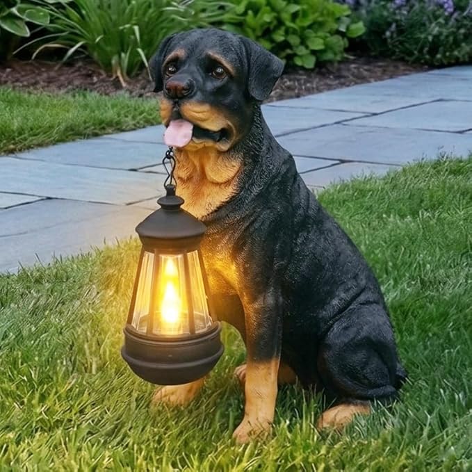Rottweiler Dog Garden Statue with Solar Lantern & Double-Sided Sign (Welcome/On Patrol), 13.4" Tall Resin Outdoor Decor Animal Figurine for Patio, Porch, Yard Art, Perfect Dog Lover Gift