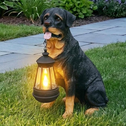 Rottweiler Dog Garden Statue with Solar Lantern & Double-Sided Sign (Welcome/On Patrol), 13.4" Tall Resin Outdoor Decor Animal Figurine for Patio, Porch, Yard Art, Perfect Dog Lover Gift