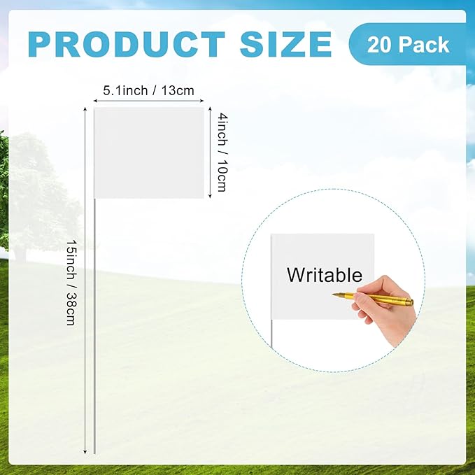 M METERXITY 20-Pack Blank Marking Flags, 15x5.1x4 Inch Waterproof Yard Flags Marking for Lawn/Garden/Irrigation/Landscape/Sprinkler/Survey/Dog Training/DIY [White]