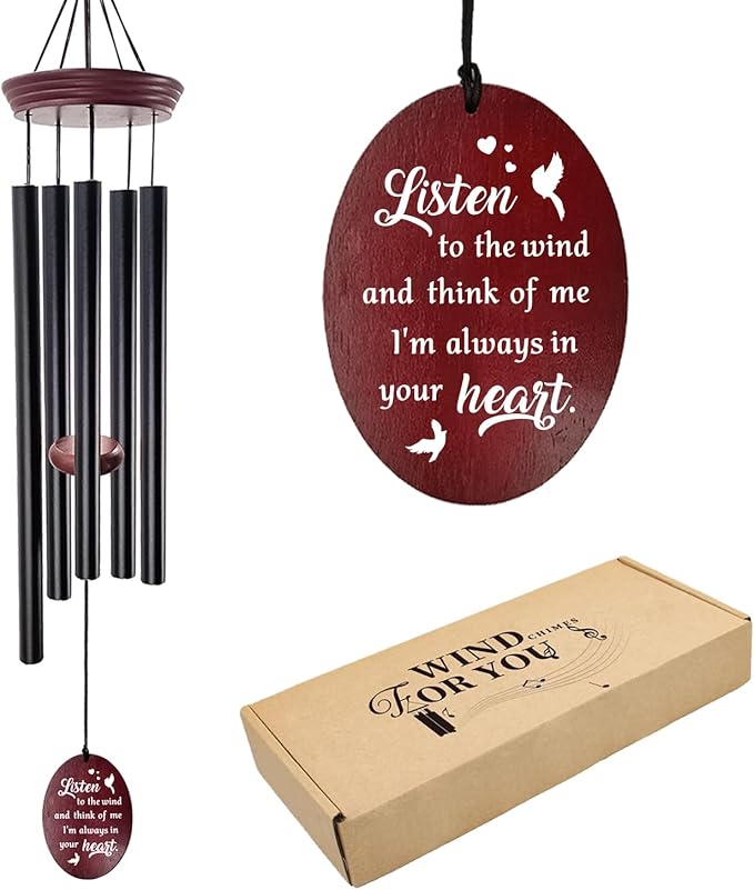 Sympathy Wind Chimes for Outside, 33.5" Large Memorial Wind Chime with Bird & Heart Sail, Remembrance Gift for Loss of Mother Father, Listen to the Wind Bereavement Gift, Black