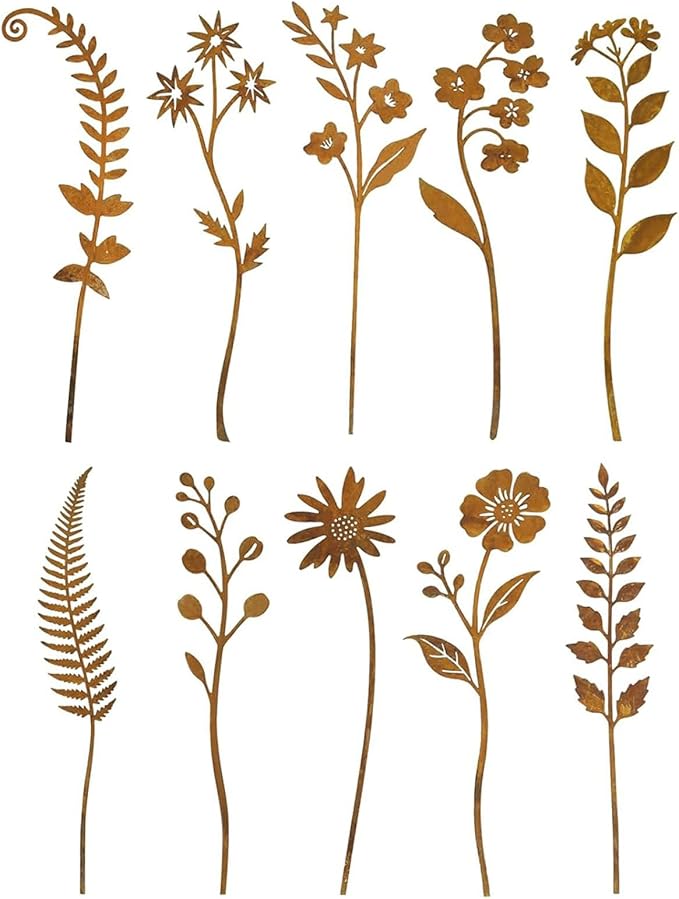 10 Pcs Rusty Metal Flower Garden Stakes,Rustic Metal Fern Leaf Plants,Iron Art Plant Shaped Decoration for Outdoor Lawn Walkway Patio