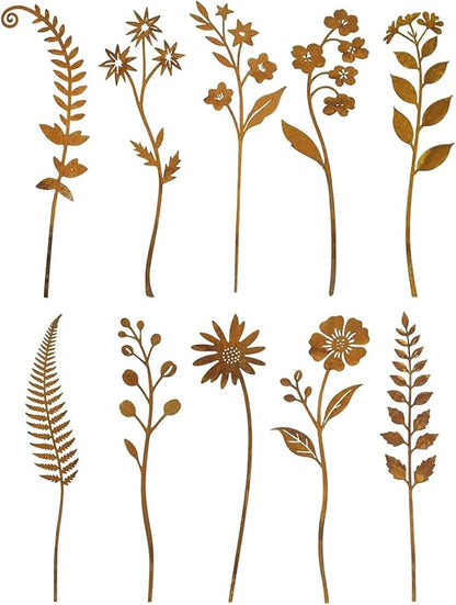 10 Pcs Rusty Metal Flower Garden Stakes,Rustic Metal Fern Leaf Plants,Iron Art Plant Shaped Decoration for Outdoor Lawn Walkway Patio