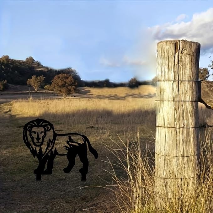 Garden Decorations Lion Metal Art Stake - Black Silhouette with Pine Tree Figure Design, Freestanding Outdoor Lawn Ornament for Yard Independence Day Decor - 38x35cm, Metal Statue