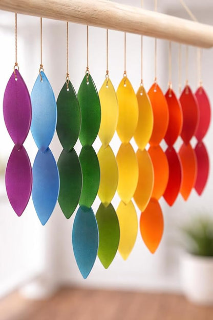 OMA Rainbow Waterfall Glass Wind Chime – Sandblasted Recycled Glass & Driftwood, Handcrafted Large 20″ Chime for Porch, Patio & Home