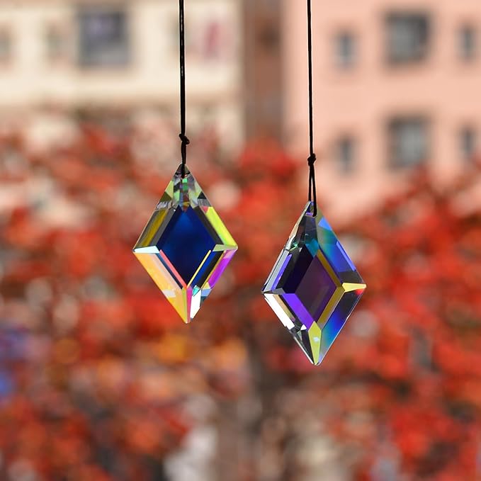 2PCS Simple Geometry Crystal Sun Catcher Prisms, stino Hanging Suncatchers with Glass Prism, Rainbow Maker for Windows, Balcony, Kitchen, Garden Decoration (1, Rhombus ABColor 2Pcs)