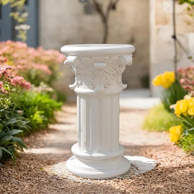 English Rosette Indoor Outdoor Sculptural Garden Plinth Base Statue Riser, Weatherproof Sturdiness Plinth Base Statue Riser for Statues, Flower Pots, Decor, Cast Stone Resin, Antique Stone Finish (D-)