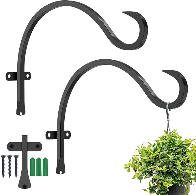 12 Inch Heavy Duty Plant Hanger Wall Hook 2 Pack - Black Iron Hanging Plant Bracket Holds 44 lbs - Rust Resistant Indoor Outdoor Hooks for Bird Feeders Lanterns Wind Chimes Hanging Baskets with Screws