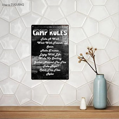 Vintage Metal Funny Camping Tin Sign-Camp Rules Take A Walk Visit With Friends Swim Outdoor Porch Patio Home Kitchen Garden Bar Poster Retro Decor Art 8X12 Inch Wall Decor