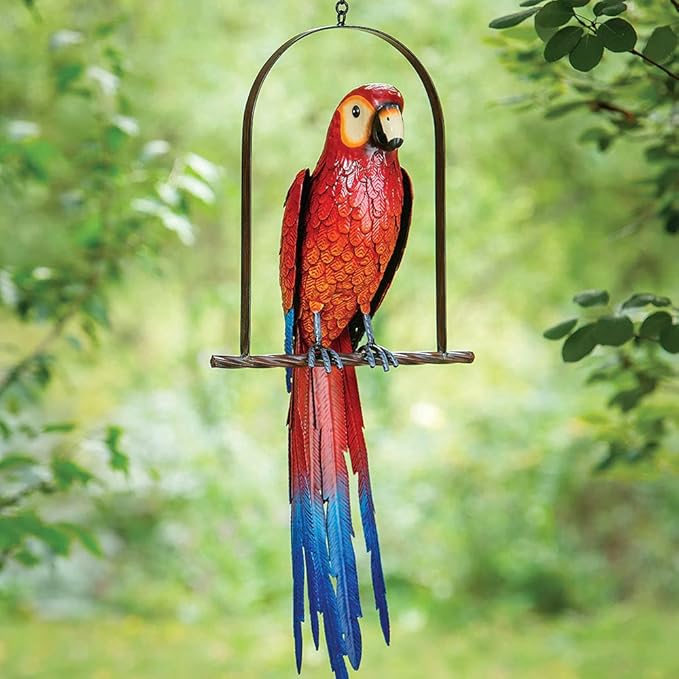 Bits and Piece - Swinging Parrot Sculpture - Garden Bird Hanging Chain Statue Home Outdoor Patio Decoration