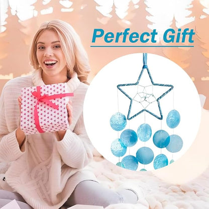 Hanging Wind Chimes for Outside Decoration, Balcony Garden Decor of Star Shaped Capiz Shell Wind Chime, Coastal Style Decor for Indoor Outdoor, Great Gift for Women (White)