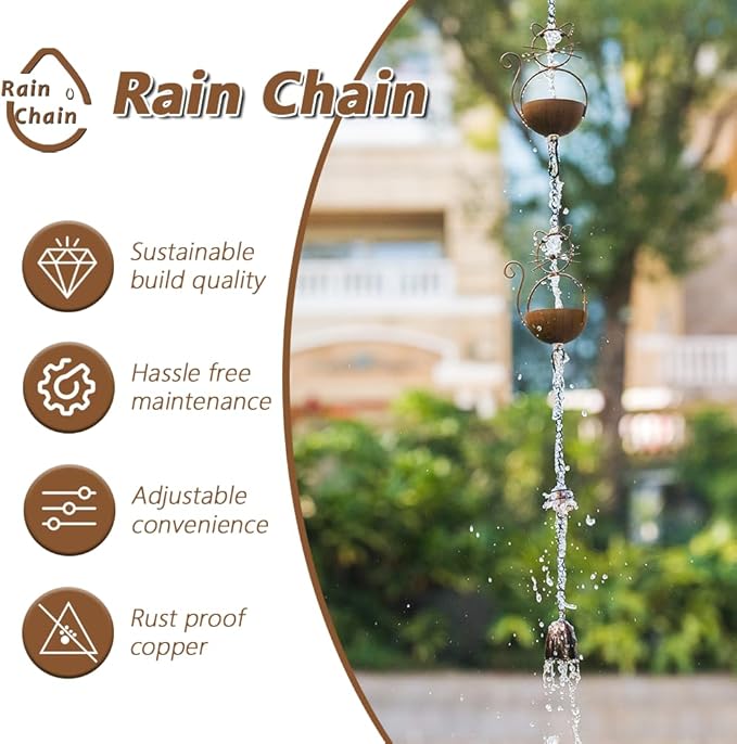10.53ft Rain Chain for Outside, Rain Chain with 10 Cat Cups, Adjustable Rain Catcher Chain for Outside, Replacement Downspout for Gutters, Eaves, Drainage