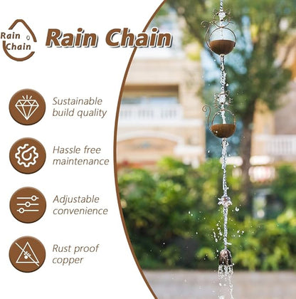 10.53ft Rain Chain for Outside, Rain Chain with 10 Cat Cups, Adjustable Rain Catcher Chain for Outside, Replacement Downspout for Gutters, Eaves, Drainage