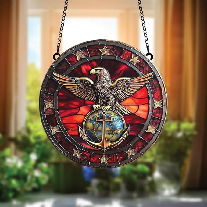Patriotic Acrylic Suncatcher Colorful Window Hanging Ornament Sun Catcher Panel for Home Decor Car Garden Gift Marine Corps Bald Eagle Acrylic Suncatcher
