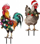 SUPVOX Christmas Rooster Chicken Yard Signs with Stakes 2pcs Metal Xmas Outdoor Yard Chicken Signs Christmas Animal Yard Sign Art Decoration for Lawn Garden Holiday Supplies