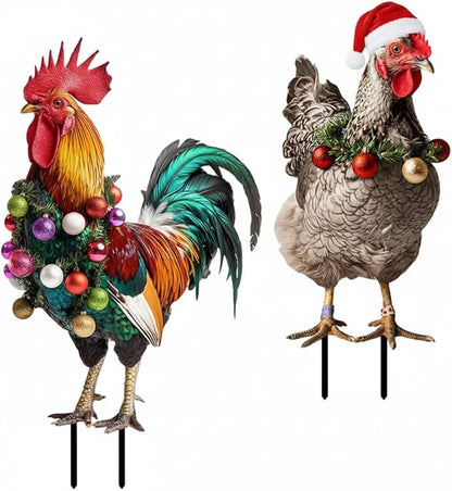 SUPVOX Christmas Rooster Chicken Yard Signs with Stakes 2pcs Metal Xmas Outdoor Yard Chicken Signs Christmas Animal Yard Sign Art Decoration for Lawn Garden Holiday Supplies