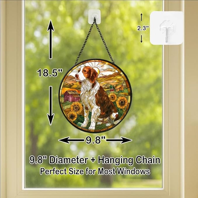 Stained Glass Window Hanging - Farm Dog & Sunflower Field 9.8in Sun Catchers Indoor Stained Glass Panels Wall Decor for Mom Wife Lovers Festive