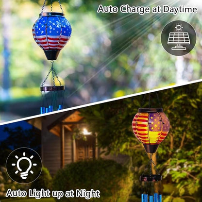 Solar Wind Chimes for Outdide,American Flag Solar Hot Air Balloon Wind Chime with Flame Flickering Light,Glass Windchimes with 5 Thicken Tubes,4th of July Decorations for Garden