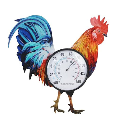 15" Rooster Outdoor Thermometer, Metal Indoor Wall Thermometer, Outside Thermometer with Large Number for Patio Home Room Decor